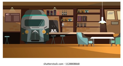 Loft cafe with unique design vector illustration. Train front view in wall with bar shelves. Comfortable chairs at coffee table. Pub interior illustration