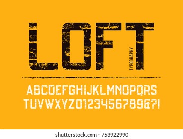 Loft condensed grunge textured sans serif typeface design. Vector alphabet, letters and numbers, font, typography. - Shutterstock ID 753922990
