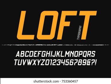 Loft condensed sans serif typeface design. Vector alphabet, letters and numbers, font, typography.