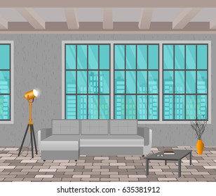 Loft design concept. Living room interior in hipster style with window, sofa, lamps and brick floor. Vector illustration