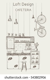 Loft design interior cafe with furniture,coffee cups,bakery,lamps,vintage bicycle on background. dHand drawn sketch style isolated vector illustration.