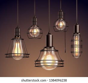 Loft edison vintage metal wire frame hanging  lamps with soft glowing light bulbs realistic set vector illustration