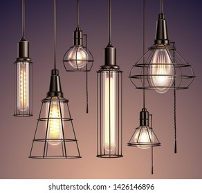 Loft edison vintage metal wire cage hanging  soft glowing light bulbs various shapes realistic set vector illustration 