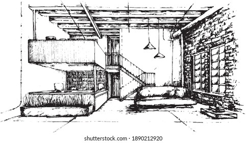 Loft Interior Design. Sketchy Monochromatic Ink Image. Wide Sunny Room With A Tall Ceiling, Big Windows, Comfy Couch, Casual, Office Deck, Stairs, Beams. Industrial Style Looking Space