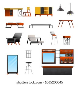 Loft interior elements gradient flat constructor set with isolated images of designer furniture and bar counter vector illustration