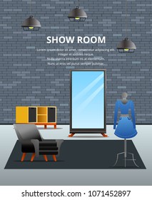 Loft interior gradient flat composition with indoor view mirror and mannequin in show room with text vector illustration