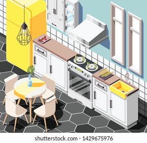 Loft Interior Isometric Background With Indoor View Of Modern Kitchen With Furniture Cabinetry Fridge And Table Vector Illustration