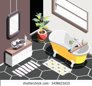 Loft interior isometric background with modern bathroom environment with horizontal window bath and sink with mirror vector illustration