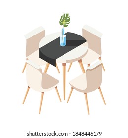 Loft interior isometric composition with images of chairs surrounding circle shaped dining table vector illustration