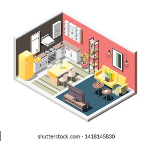 Loft interior isometric composition with overview of cozy studio apartment split into kitchen and living zones vector illustration