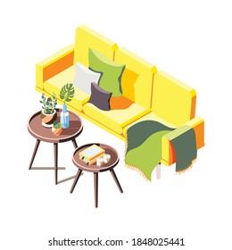 Loft interior isometric composition with view of sofa with pillows rug blanket and small tables vector illustration