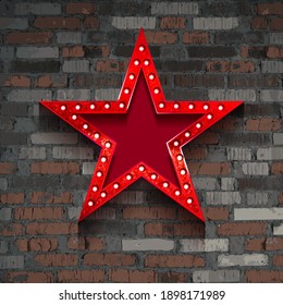 Loft interior mock. Brown red brick wall with retro star light lamp decoration. Background photo with copy space for text. Vector illustration