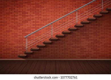 Loft Interior of red brick wall and staircase and wooden floor. Grunge Industrial Interior. Vector Illustration.