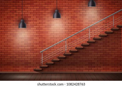 Loft Interior of red brick wall and staircase and wooden floor with vintage pendant lamps. Grunge Industrial Interior. Vector Illustration.