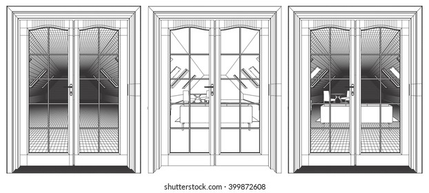 Loft Interior View 	Through The Terrace Door Vector 02