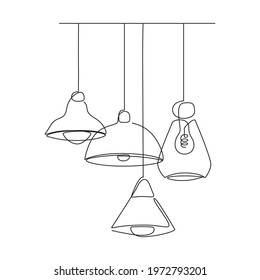 Loft lamp with lampshades, one line drawing collection. Horizontal Vector illustration of Hanging modern pendant lamps with Edison bulbs