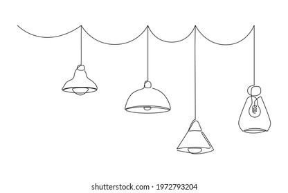 Loft lamp with lampshades, one line drawing collection. Horizontal Vector illustration of Hanging modern pendant lamps with Edison bulbs