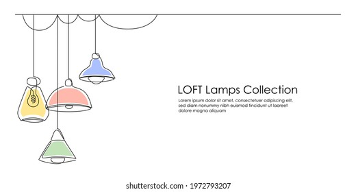 Loft lamp with lampshades, one line drawing collection. Horizontal banner in minimalistic Industrial style. Vector illustration of Hanging modern light bulbs