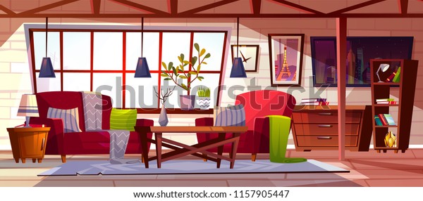 Loft lounge
room interior vector illustration. Modern cozy spacious roof garret
of cockloft apartments style with furniture, blanket on sofa, chair
and velvet carpet with
bookshelf