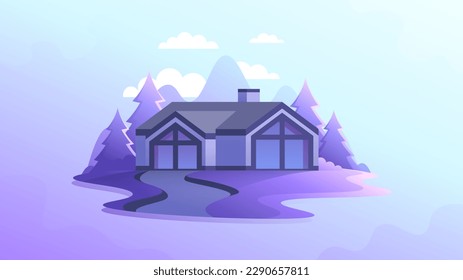 Moderna cabaña en el bosque por la noche con el logo aislado.
