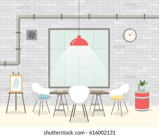 Loft room interior with barrel, chairs, table, lamp, easel, window. The dining room and living room