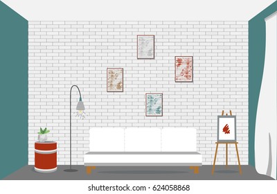 Loft room interior with barrel, sofa, lamp, easel, window. The dining room and living room