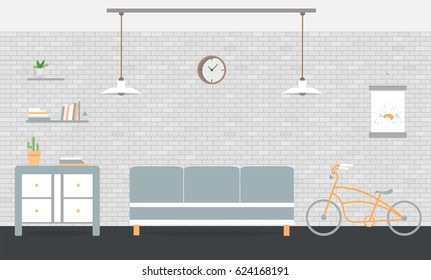 Loft room interior with sofa, lamp. The kids room and living room