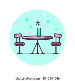 Loft room table icon or restaurant table icon. Simple outline table with two chairs vector icon with modern color fill and decorative elements. Use for web sites, banners, flyers, logo