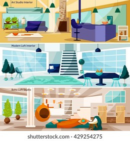 Loft Stidio Interiors Flat Horizontal Banners Set Vector Illustration