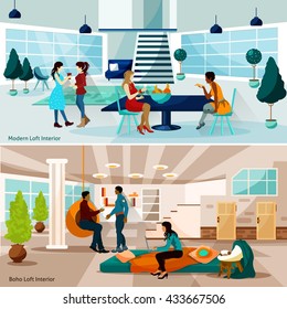 Loft Studio Horizontal Banner Set Flat Vector Illustration