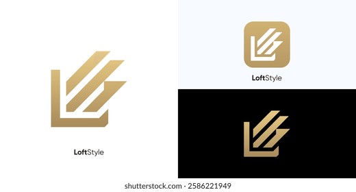 Loft style Architecture Interior Building Logo Design, abstract L letter logo design modern luxury, creative golden wordmark design typography illustration, gold coloring