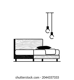 Loft style bed with a pillow and a blanket on it. Minimalistic painted wood furniture black on white with two hanging lamps. Vector stock illustration of furniture for the interior in the loft style.