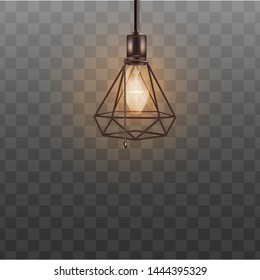 Loft style ceiling lamp for hipster interior design. Realistic black designer lampshade in triangle diamond shape, cool lightbulb with bead chain switch rope - isolated transparent vector illustration