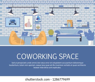 Loft Style Coworking Space Interior Design Banner. Open Modern Cozy Place with Office Furniture for Work and Study. Shared Workplace for Freelance Business. Flat Cartoon Vector Illustration
