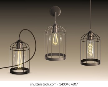 Loft style lamps with different shape incandescent bulbs heated filaments in black lattice cage wall-mounted, standing on surface, hanging from ceiling on wire isolated realistic vector illustrations