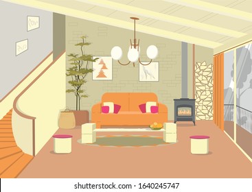 Loft Style Living Room. Eclectic Design. Energetic and Creative Solutions. Two Storey Apartment. Brick Wall, Fireplace, White Decorative Elements and Bright Spot Orange Couch. Green Potted Tree.