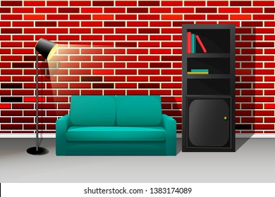 
Loft style living room. Sofa, bookcase and lamp on the background of a wall with brickwork.