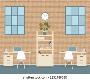 Loft style office on brick background. Vector.Two tables with drawers, chairs, a bookcase with a monstera. Cup of coffee, laptop, clock on the wall, windows, books