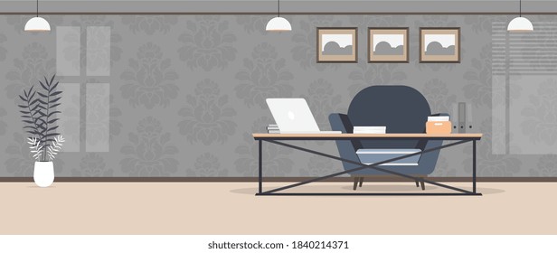 Habitación de estilo loft. Habitación luminosa. Workplace.Tabla con portátil, libros y documentos. Flor en una olla, armario de madera, cuadros. Vector.
