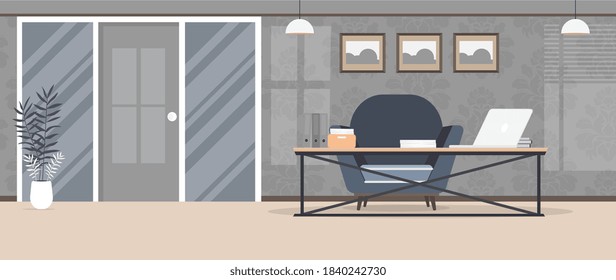 Loft style room. Bright room. Workplace.Table with laptop, books and documents. Flower in a pot, wooden cabinet, paintings. Vector.