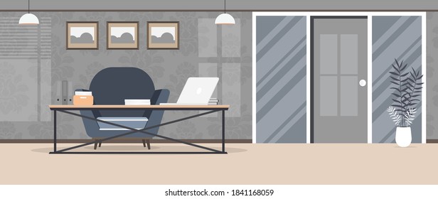 Loft style room. Workplace.Table with laptop, books and documents. Flower in a pot, wooden cabinet, paintings. Vector.