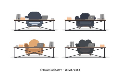 Loft style table. Vintage armchair in flat style. Workplace, books, documents, laptop. Vector.