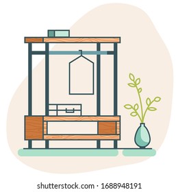 Loft wardrobe icon with a suitcase and a hanger. Flat icon isolated. Flat vector closet. Vector illustration for a furniture store, website, article, postcard, cover, catalog.