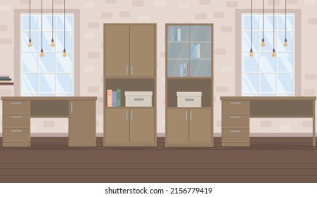 loft-style office with wooden furniture, wardrobe and steel for work