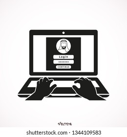 Log in account on the laptop. Hands on the laptop. Vector Illustration. Arabic man in traditional muslim hat.