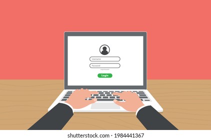 Log in account on the laptop. Hands on the laptop. Laptop with password notification. Vector
