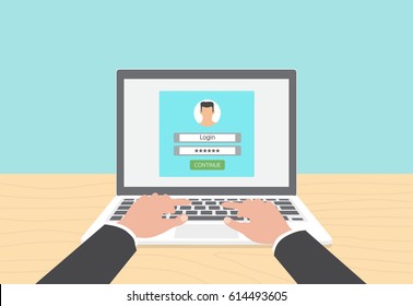 Log In Account On The Laptop. Hands On The Laptop. Vector Illustration. Man.