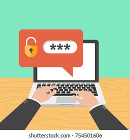 Log in account on the laptop. Hands on the laptop. Laptop with password notification and lock icon. Vector Illustration. 