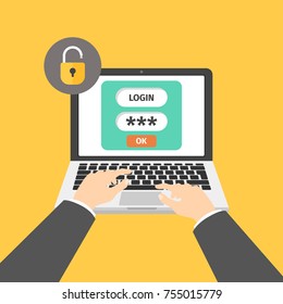 Log in account on the laptop. Hands on the laptop. Laptop with password notification and lock icon. Vector Illustration. 
