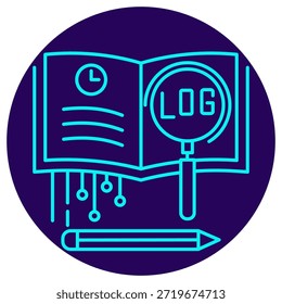 Log Analysis Icon. Minimalistic neon outline on a dark blue round background. A stylish vector illustration of an open log book with a clock symbol (time-stamped records) and a magnifying glass over the word 'LOG', symbolizing detailed investigation, system audit, error tracking, and analysis of event history over time